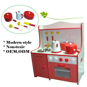 MDF Red Kids Pretend Play Wooden Toy Kitchen with cooking set